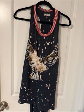 Free People Black Graphic Tank with Bird Embroidery and Pink Bleach Splatter